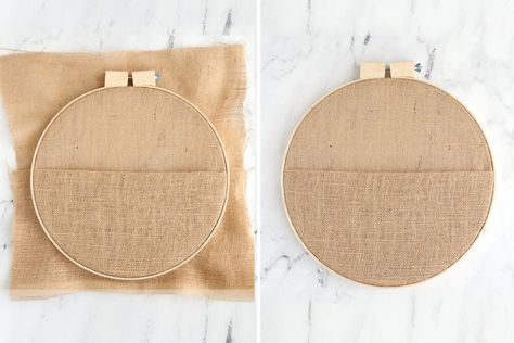 Piece of burlap placed in embroidery hoop and trimmed. Wooden Hoop Decor, Burlap Wall Pockets, Large Embroidery Hoop, Senior Crafts, Diy Pocket, Diy Spring Crafts, Sunflower Crafts, Burlap Garland, Embroidery Hoop Crafts