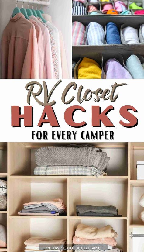 Rv Closet Organization Ideas, Rv Packing Hacks, Rv Wardrobe Storage Ideas, Rv Closet Ideas, Camper Closet Organization, Camper Closet Storage Ideas, Rv Clothing Storage Ideas, Rv Closet Remodel, Small Camper Hacks