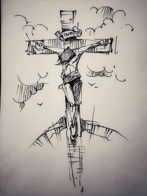 Catholic Cross Drawing, Jesus Doodle Art, Jesus Sketch Pencil Easy, Crucifixion Of Jesus Art, Jesus On The Cross Drawing, Jesus On The Cross Art, Cross Drawing Christian, Jesus Christ Sketch, Christian Sketches