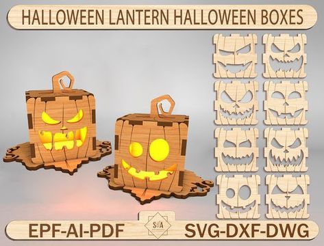 Halloween Lamp Halloween Lantern Halloween Boxes ,Halloween Gift Box ,3D Hallowe Laser Halloween, Glowforge Machine, Halloween Boxes, Halloween Lamp, Halloween Lamps, Monster Box, Halloween Lantern, Halloween Treat Boxes, Laser Cut Wood Crafts