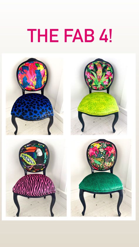 Eclectic Chairs Dining, Printed Dining Chairs, Funky Dining Room, Eclectic Dining Chairs, Philadelphia Apartment, Refurbished Chairs, Diy Furniture Upholstery, Colored Dining Chairs, Reupholster Chair Dining