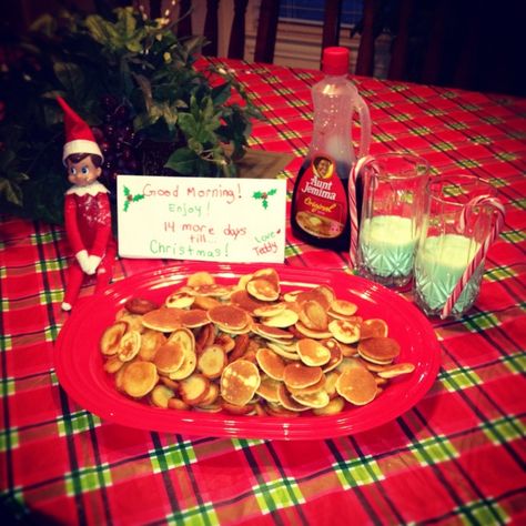 Elf On the Shelf Breakfast | Elf on the shelf, he made breakfast for the kiddos. Elf size pancakes ... Awesome Elf On The Shelf Ideas, Elf Activities, Elf Props, Xmas Elf, Elf Antics, Elf Fun, Christmas Preparation, Sweet Smile, An Elf