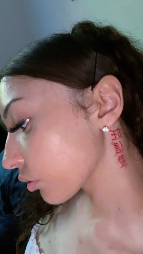 Chinese Tattoo in Red ink colour on neck Chinese Red Ink Tattoo, Behind The Ear Tattoo Ideas Red Ink, Neck Chinese Tattoo, Neck Red Tattoo, Chinese Tattoo On Neck, Red Tattoo Neck, Red Ink Neck Tattoo, Chinese Tattoos Behind Ear, Red Chinese Tattoo