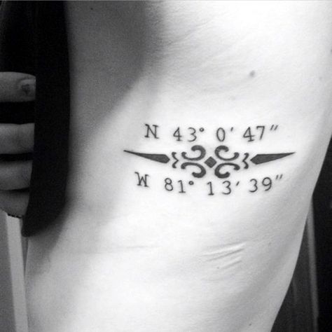 coordinates tattoo Ideas to Mark a Memory on Body (31) Latitude Longitude Tattoo, Gps Coordinates Tattoo, Ryan Tattoo, Anniversary Tattoo, Lake Tattoo, Coordinates Tattoo, Tier Tattoo, New Tattoo Designs, Geniale Tattoos