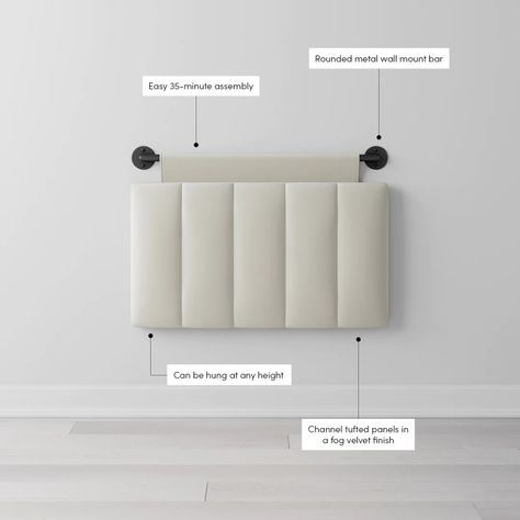 Hanging Headboard Ideas, Padded Wall Bedroom, Mounted Headboard To Wall, Wall Panel Behind Bed, Modern Bed Headboard Design, Wall Padding Design, Bed Wall Headboard, Built In Headboard Wall, Toddle Room