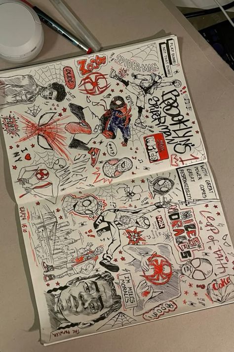 Spiderman Spiderverse Drawing, Miles Sketchbook Page, Spiderman Into The Spiderverse Miles Morales, Mile Morales Sketchbook, Spiderman Line Drawing, Spiderman Drawing Aesthetic, Spiderman Page Sketchbook, Space Fillers Sketchbook, Spiderpunk Sketchbook