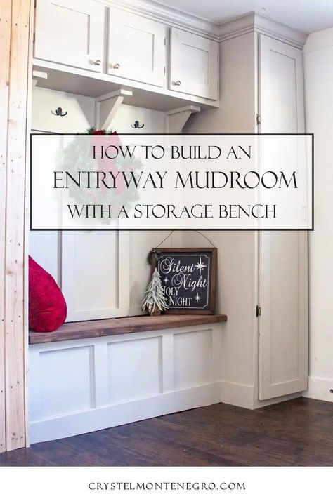 Learn step by step how I built my DIY custom entryway mudroom with a storage bench and coat closet! Build An Entryway, Closed Shelving, Custom Mudroom, Small Mudroom Ideas, Mudroom Cabinets, Mudroom Closet, Mudroom Storage Bench, Entry Closet, Mud Room Entry