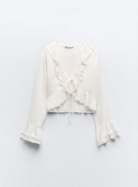 White Ruffle Blouse, Bow Shirts, Zara White, White Blouse, Zara United States, Flared Sleeves, High Collar, Asymmetric Hem, Printed Blouse