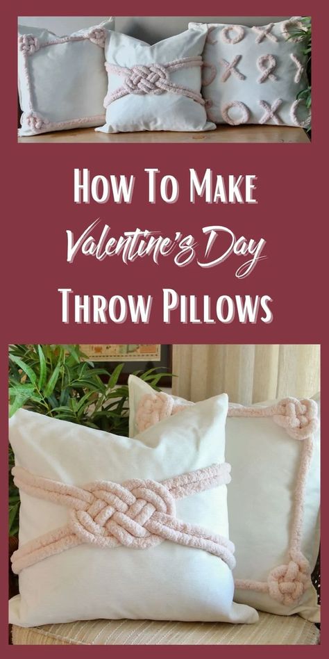 These Cute, Cozy Valentine Pillows are surprisingly easy to make. They're subtle and sweet. Macrame-inspired Lover's Knots replace hearts for a bit of unexpected charm. BONUS: change the colors for any season Check out the easy directions. Valentine Pillows, Make Your Own Pillow, Throw Pillow Diy, Pillows Diy, Cozy Pillows, Diy Pillow Covers, Valentines Pillows, Knot Pillow, Christmas Cover