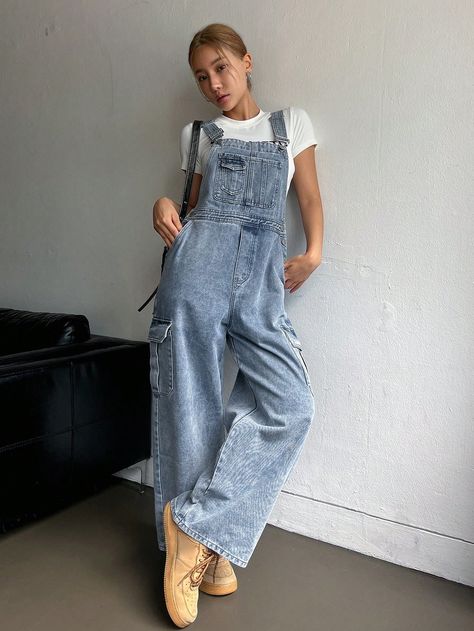 Women Denim Strap Pants With Pockets, Straight Loose Casual Comfy Jumpsuit Blue Casual Sleeveless Denim Plain Overall Non-Stretch Women Clothing, size features are:Bust: ,Length: ,Sleeve Length: Cute Baggy Overalls, Loose Overalls Outfit, Outfit Salopette, Jeans Jumpsuit Outfit, Denim Jumpsuits For Women, Casual Jumpsuit Outfit, Jean Jumpsuit Outfit, Jean Overall Outfits, Denim Overalls Outfit