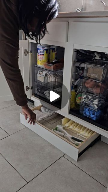 Tyra Chatman on Instagram: "This is your sign to tackle that kitchen sink cabinet!
I no longer feels creepy down here to me lol. 
.
#BeforeandAfter #kitchensink #cabinetorganization" Under Kitchen Cabinet Ideas, Kitchen Sink Cabinet Ideas, Cabinet Toe Kick, Toe Kick Drawer, Hanging Drawers, Kitchen Sink Cabinet, Under Sink Cabinet, Galley Kitchens, Kitchen Help