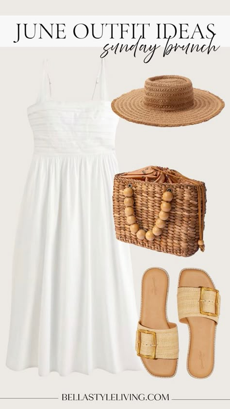 Summer Outfits with White Dresses Off-white Sundress For Vacation, Off-white Sundress For Summer Vacation, Off-white Sundress For Summer Brunch, Chic Off-white Sundress For Vacation, Brunch Style Outfits, Summer Coastal Outfits, Summer Lunch Outfit, White Breezy Sundress With Ruffles, White Sundress Outfit