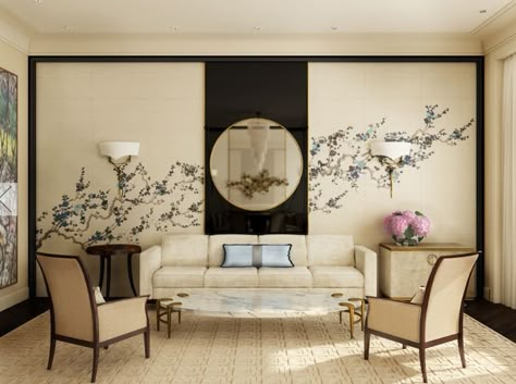 Loving the wall accent. Amazing design by @marina_filippova_designs 🌸 #interiordesign #luxurydetails #marinafilippova #roomgoals Chinese Living Room, Asian Living Room, Chinese Style Interior, Japanese Living Room, Asian Interior Design, Classy Living Room, Chinese Interior, Elegant Living Room Decor, Asian Interior