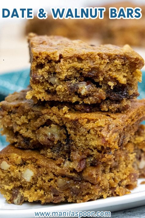 Date and Walnut Bars Date Walnut Bars Recipe, Date Nut Bars Recipe, Walnut Recipes Dessert Easy, Walnut Bars Recipes, Walnut Recipes Dessert, Walnut Bars, Date And Walnut, Date And Walnut Cake, Food For The Gods