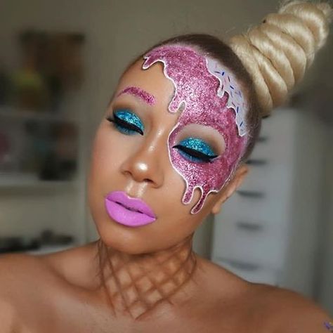 Love this ice cream makeup by @kaneshiashana 🍧😍 #makeupart #artisticmakeup #bretmansvanity #abstractart #anastasiabeverlyhills #norvina #hudabeauty #lifesadrag #creativemakeup #mehronmakeup #sfxmakeup #halloweenmakeup #halloween2018 Candyland Makeup, Crazy Eyeshadow, Ice Cream Costume, Creative Eyeshadow, Easy Diy Makeup, Candy Makeup, Mehron Makeup, Halloween Makeup Pretty, Face Paint Makeup