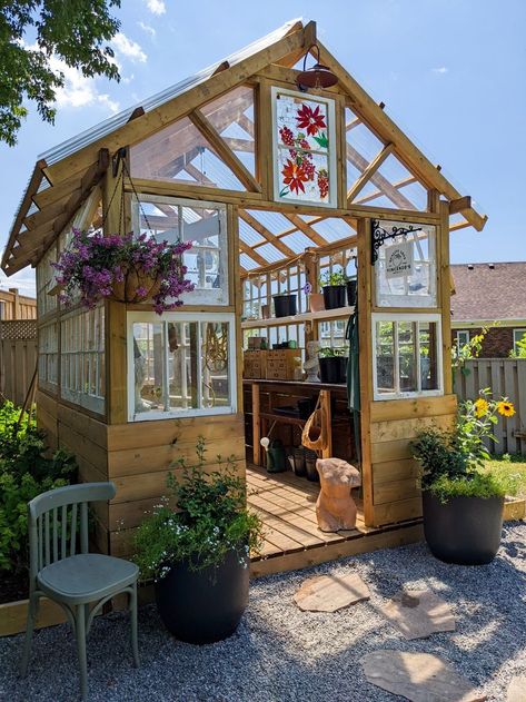 Learn how I built a greenhouse using reclaimed windows! This space is filled with DIY and custom ideas you'll love, including a bathtub! Green House Decor, Window Greenhouse, Diy Greenhouse Plans, Outdoor Greenhouse, Greenhouse Shed, Build A Greenhouse, Home Greenhouse, Backyard Greenhouse, Stair Case