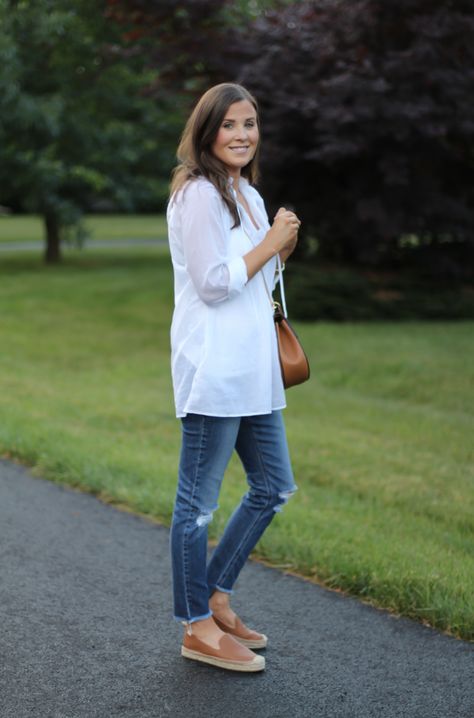 White Summer Tunic Blouse, Distressed Jeans, Tan Leather Espadrille Flats, Tan Chain Strap Crossbody Bag, Loft, Joe's Jeans, Soludos 2 Leather Espadrilles Outfit, Outfit With Espadrilles Flats, Women Espadrilles Outfit, Tan Espadrilles Outfit, Summer Tunic Outfits, Flat Espadrilles Outfit Summer, Jeans And Espadrilles Outfit, Espadrilles Outfit Jeans, Espadrilles Flats Outfit