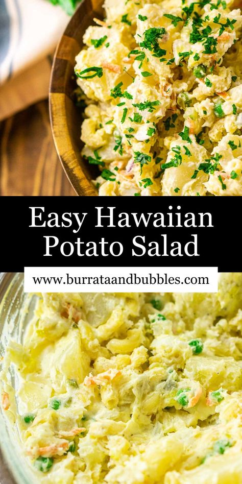 No backyard party is complete without this Hawaiian potato salad! Featuring tender chunks of potato and loads of macaroni, this ultra creamy potato salad is a classic island side dish that’s perfect with just about any summer meal. It’s great for serving a large crowd, and it’s as simple as can be. Hawaiian Potato Salad Recipe, Hawaiian Potato Salad, Hawaiian Side Dishes, Hawaiian Macaroni Salad, Luau Food, Potato Salad With Egg, Hawaiian Dishes, Mac Salad, Easy Potato Salad