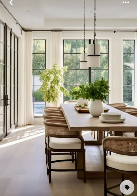 Pure Salt Dining Room, Cozy Dining Room Table, Earth Tones Dining Room, Transitional Dining Room Design, Dining Room Inspiration Traditional, White Oak Dining Room, Modern Country Dining Room, Sunroom Dining Room Ideas, Simple Centerpiece Ideas