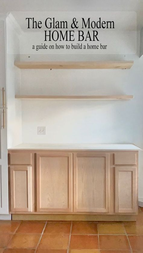 Built In Dry Bar Nook, Floating Shelves Bar Area Living Room, Dry Bar Nook Ideas, Den With Bar Area, Cheap Diy Dry Bar, Diy Built In Wet Bar, Basement Floating Bar, Floating Basement Bar, Wet Bar Wall Shelves