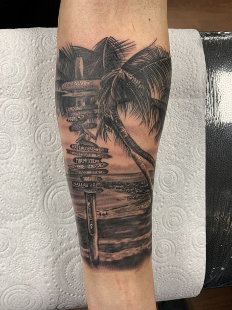 Florida Leg Tattoo, Mens Tropical Tattoos, Beach Sleeve Tattoo Men, Florida Beach Tattoo, Tropical Themed Tattoos, Beach Themed Tattoos Men, Coastal Tattoos Men, Beach Theme Sleeve Tattoo, Florida Tattoos For Men