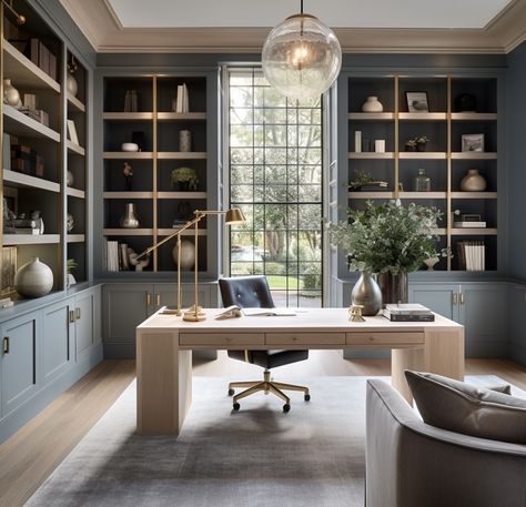 High Ceiling Home Office, Home Office Built Ins Bookshelves Around Window, Office With Built Ins, Office Library Combo, Victorian House Renovation, Masculine Home Office, Home Library Rooms, Office Built Ins, Home Office Library