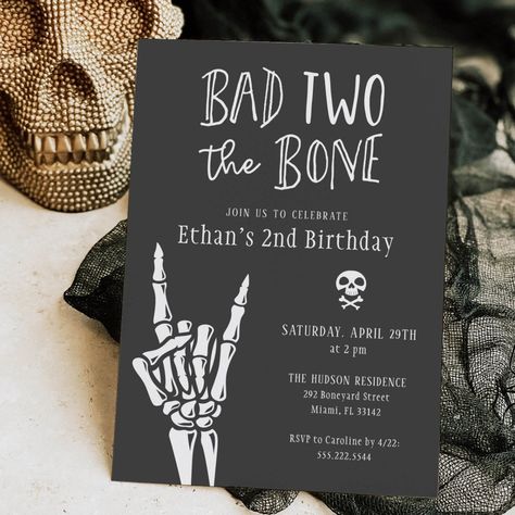 Bad two the bone-themed birthday invitations for a 2nd birthday party! Second Boy Birthday Ideas, Toddler Birthday Party Ideas Boy, Bad 2 The Bone Birthday Party Boy, Bad Two The Bone Birthday Party Boy, Bad Two The Bone Birthday Party, Skeleton Black And White, Bad Two The Bone, Racing Party, 2nd Birthday Party For Boys