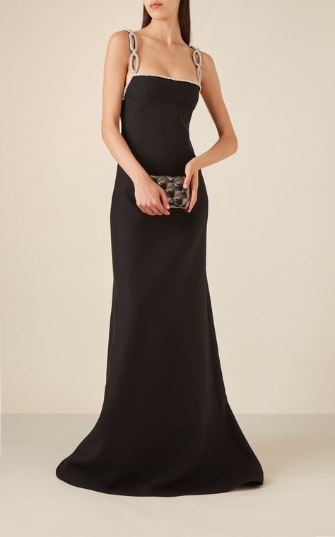 Crepe Couture Embellished Strap Wool And Silk Gown By Valentino | Moda Operandi Ralph Lauren Womens Clothing, Valentino Gowns, Dress Code Wedding, Valentino Couture, Valentino Dress, Silk Gown, Black Gown, Dress Silhouette, Party Wear Dresses