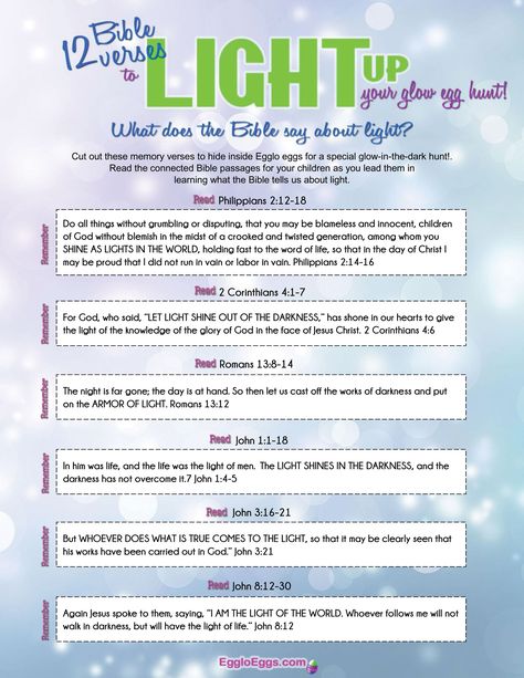 Lead your children in learning what the Bible tells us about light. Glow Egg Hunt, Easter Outreach, Church Fellowship, Easter Event, Bible Passages, Bible Coloring, Sunday School Lessons, Memory Verse, Kids Church