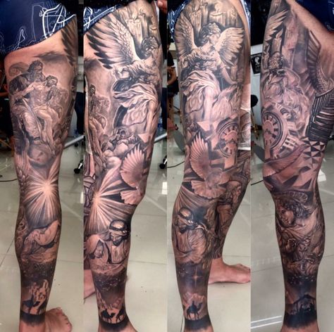 Biblical Leg Sleeve Tattoo, Christian Leg Sleeve Tattoos, Religious Leg Sleeve Tattoo, Greek Mythology Leg Tattoos, Greek Leg Sleeve, Calve Tattoos, Godly Tattoos, Beautiful Angel Tattoos, Sock Tattoo