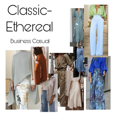 A collage of Classic-Ethereal essence inspiration for business casual. Soft Classic With Ethereal Essence, Romantic Natural Essence Style, Ethereal Essence Hair, Ethereal Style Casual, Ethereal Natural Classic, Classic Natural Essence, Classic Ethereal Essence, Ethereal Style Essence, Ethereal Essence Style