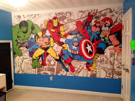 Classic Marvel mural I just put up in my son's bedroom. Yay me! Superhero Mural Bedroom, Marvel Wall Mural, Marvel Mural Bedroom, Superhero Mural, Marvel Mural, Marvel Wall Art, Marvel Wall, Superhero Room, Rooms Design