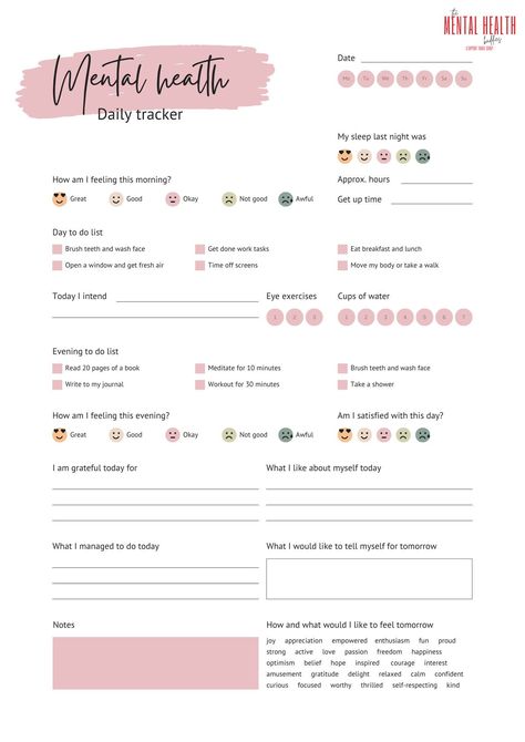 Track your mental health with this personalized daily tracker. Log your mood, symptoms, and activities, and see how they affect each other over time. This tracker can help you identify patterns and triggers, and make informed decisions about your mental health care.

Get your free tracker Daily Tracker, Self Care Worksheets, Bulletin Journal, Dream Ideas, Summer Health, Bullet Journal Ideas Templates, Drømme Liv, Makeup Images, Eye Exercises