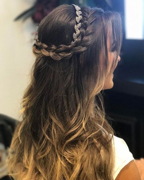 Braid crown + Half up half down hairstyle #weddinghair #hairstyle #promhair #bridalhair #halfuphalfdown #hairdown #bridehairideas Reception Hairstyles, Hair Style On Saree, Hair Style Vedio, Engagement Hairstyles, Traditional Hairstyle, Bridal Hair Buns, Indian Wedding Hairstyles, Quince Hairstyles, Open Hairstyles