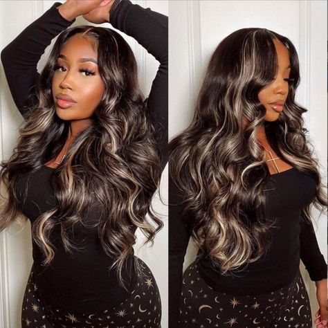 PRICES MAY VARY. Description: Product Details: Hair color: TN27 chocolate brown hair color with peek a boo blonde highlight wigs body wave 13x4 lace front wigs human hair for black women; Material: 100percent virgin remy human hair wig Hair Type: 10a Brazilian human hair body wave lace wig. lace front wigs human hair, free part human hair wig Texture: body wave lace front Wigs human hair pre plucked with baby hair Cap Craft: free part lace front Wigs Length:long human hair wigs 14-26inch for you Wigs With Gray Highlights, Grey Highlights On Black Hair Black Women, Gray Highlights Black Women, Black And Grey Highlights Wig, Grey Hair Highlights Black Women, Highlight Lace Wig, Black Wig With Silver Highlights, Gray Streaks In Dark Hair Black Women, Black And Gray Wig