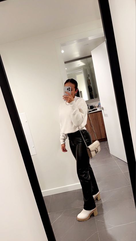 Leather Pant Holiday Outfit, Leather Pants And White Shirt Outfit, Christmas Eve Outfits Leather Pants, Sweater Leather Pants Outfit, Christmas Outfit With Leather Pants, Going Out Leather Pants Outfit, Black Leather Pants Christmas Outfit, Cute Fall Outfits Leather Pants, Leather Pant Christmas Outfit