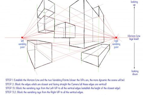 Practical guide in perspective drawing. Part 1 - Types of perspectives_article_017_img5-exercise2-7 Reka Bentuk Industri, Volume Drawing, Types Of Perspective, Drawing Software, Sketchbook Pro, Vanishing Point, Point Perspective, Construction Drawings, Perspective Drawing