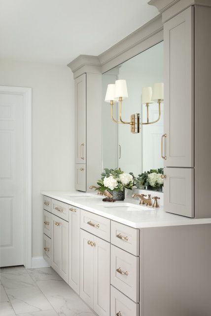 Ryan Court - Transitional - Bathroom - Chicago - by Plain & Posh | Houzz Neutral Classic Bathroom, Most Popular Master Bathrooms, Greige Master Bath, Traditional Bathroom Vanity Ideas, Taupe Cabinets Bathroom, Master Bath Inspiration Traditional, Primary Bathroom Vanity Ideas, Off White Bathroom Cabinets, Tile Combinations Bathroom Master Bath