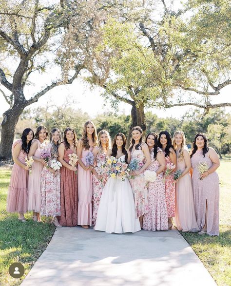 Bride Vs Bridesmaid Bouquet, Pink Flower Bridesmaid Dresses, Bridesmaids With Different Bouquets, Mismatched Bridesmaid Bouquets, Monotype Bridesmaid Bouquet, Bridesmaid Dresses Mismatched Pink, Mismatched Bouquets, Modern Bridesmaid Bouquet, Pink Floral Bridesmaid Dresses