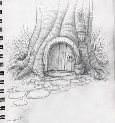 Hobbit Home, Tree House Drawing, Landscape Pencil Drawings, Nature Art Drawings, Fantasy Drawings, Art Drawings Sketches Pencil, Nature Drawing, Pencil Art Drawings, Art Drawings Sketches Creative