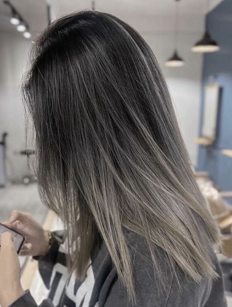 Black Hair W Silver Highlights, Silver Tipped Hair, White Balayage On Dark Hair, Black Hair White Tips, Black Hair With White Tips, Ash Silver Balayage, Cool Blonde Balayage Dark Roots, Smokey Ash Brown Balayage Dark, Ash Grey Balayage