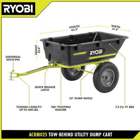 TOW-BEHIND DUMP CART - RYOBI Tools Dump Cart, Ryobi Tools, Bathroom Cleaning Supplies, Riding Mowers, Zero Turn Mowers, Riding Mower, Lawn Tractor, Automotive Accessories, Outdoor Toys