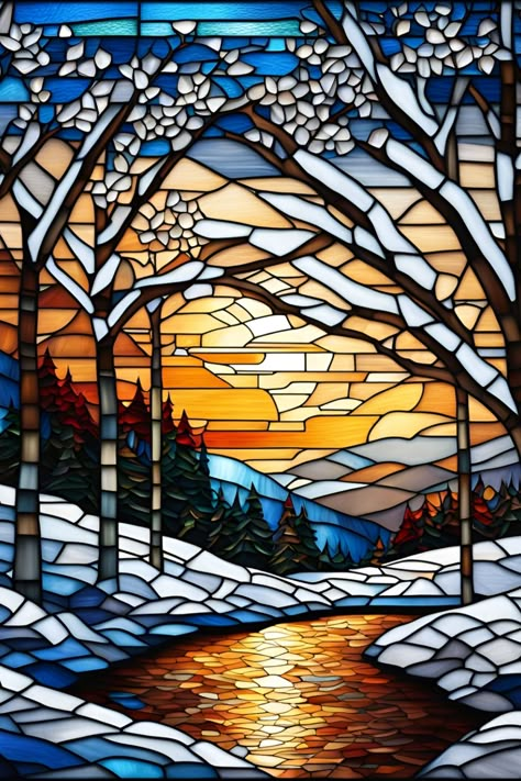 Faux stained glass image of snowy winter scene Stained Glass City Skyline, Faux Glass Painting, Winter Stained Glass Ideas, Christmas Stained Glass Art, Stained Glass Winter, Four Seasons Art, Stain Glass Window Art, Artistic Ideas, Glass Window Art