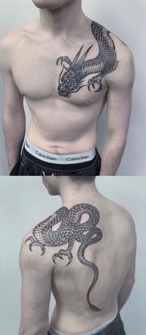 Dragon Around Neck Tattoo, Shoulder And Back Tattoo For Men, Back And Shoulder Tattoo For Men, Dragon On Neck Tattoo, Dragon Over Shoulder Tattoo, Dragon Tattoos For Men Chest, Dragon Tattoo Over Shoulder, Over The Shoulder Tattoo Men, Shoulder To Neck Tattoo Men