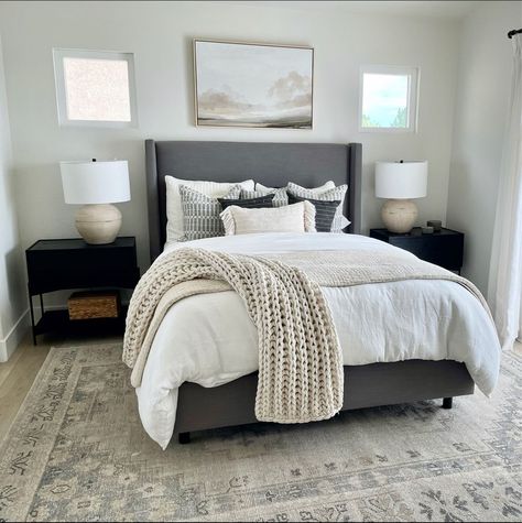 Amera Bed curated on LTK Dark Grey Bed In Bedroom, Gray Bedroom Interior, Master Bedding Ideas Cozy Bedroom Simple, Master Bedrooms Dark Bedframe, Grey Headboard Brown Bedding, White Bedding With Grey Headboard, Neutral Bedding Grey Headboard, Gray Bed With Black Furniture, Gray Backboard Bed