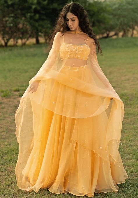 Yellow Embroidered Lehenga Set Zoon Tribe - Fabilicious Fashion Modern Lehenga, Lehenga Silk, Yellow Dupatta, Modern Blouse, Simple Lehenga, Lehenga Dupatta, Organza Lehenga, Yellow Lehenga, Lehenga Designs Simple