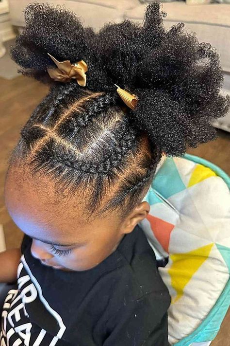 Cute Braided Updo with Double Afro Puffs and Golden Bows for Black Girls Easy Hairstyles For Kids, Kid Hair, Kid Hairstyles, Lil Girl Hairstyles, Toddler Hairstyles, Easy Hairstyles Quick, Hair Puff, Cute Simple Hairstyles, Toddler Hairstyles Girl