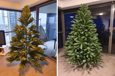 How to fluff Christmas tree hack | Better Homes and Gardens Gardens Australia, Fake Christmas Trees, Aussie Christmas, How To Make Christmas Tree, Christmas Hacks, Real Christmas Tree, Bare Tree, Old Christmas, Artificial Tree