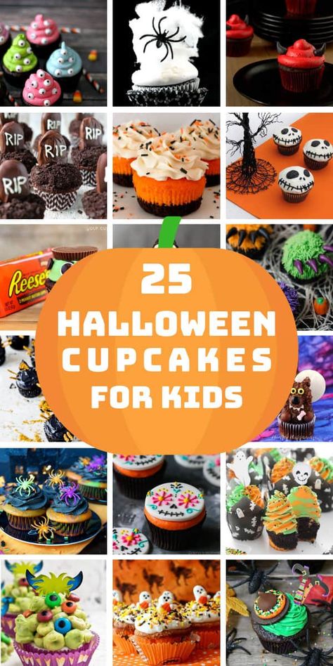 25 Easy Halloween Cupcakes for Kids {Spooky decorating ideas for all ages!} Easy Cupcakes For Kids, Kid Halloween Cupcakes, Muffin Halloween, Halloween Cupcakes For Kids, Easy Halloween Cupcakes, Cupcakes For Kids, Halloween Cupcakes Decoration, Menu Halloween, Halloween Backen