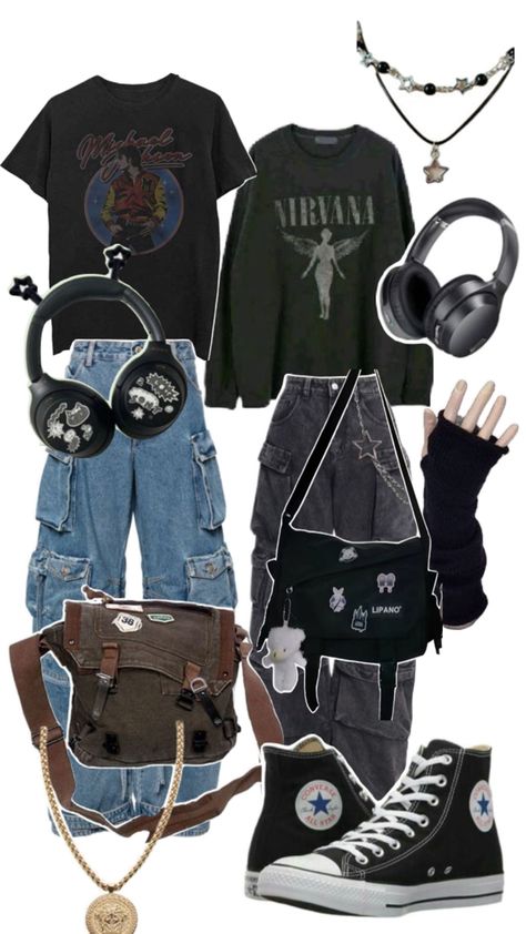 Unfashionable Outfit, Grunge Rock Aesthetic Outfits, Tattoo Artist Outfit Style, 90s Grunge Outfits Punk Rock, Skating Aesthetic Outfits, Rock Band Outfits Women, Grunge Core Outfits, Grunge Nonbinary, Grunge Headphones